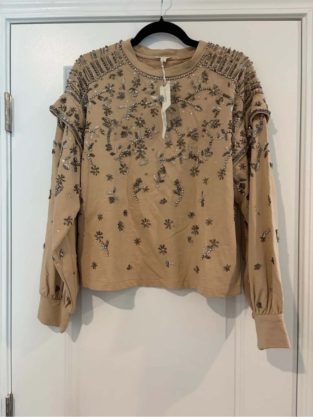 Pilcro Beige Embellished Crewneck Sweatshirt